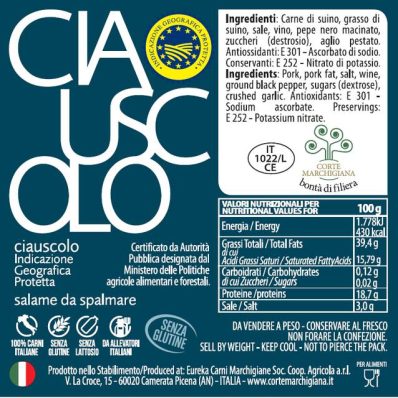 Ciauscolo Igp intero da 650 gr circa Salumificio  Corte Marchigiana senza glutine e senza lattosio