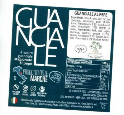 Guanciale intero stagionato al pepe 1,2 kg salumificio Corte Marchigiana senza glutine e senza lattosio