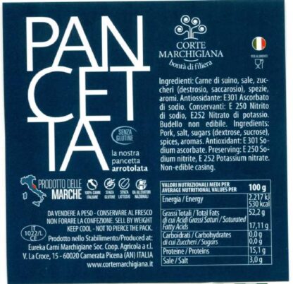Etichetta pancetta arrotalata Corte Marchigiana