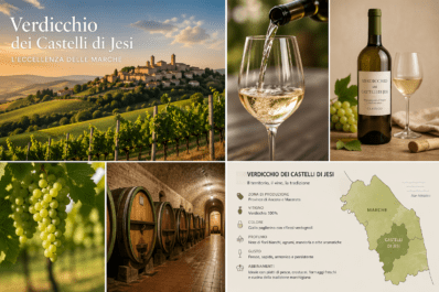 Collage promoting Verdicchio dei Castelli di Jesi: vineyard hills, wine pouring, bottle and glass, grape clusters, barrels, and a regional map.