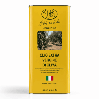 Yellow tin labeled Olio Extra Vergine di Oliva with a photo of olive trees, Italian branding, and a 5 L capacity badge on a white background.