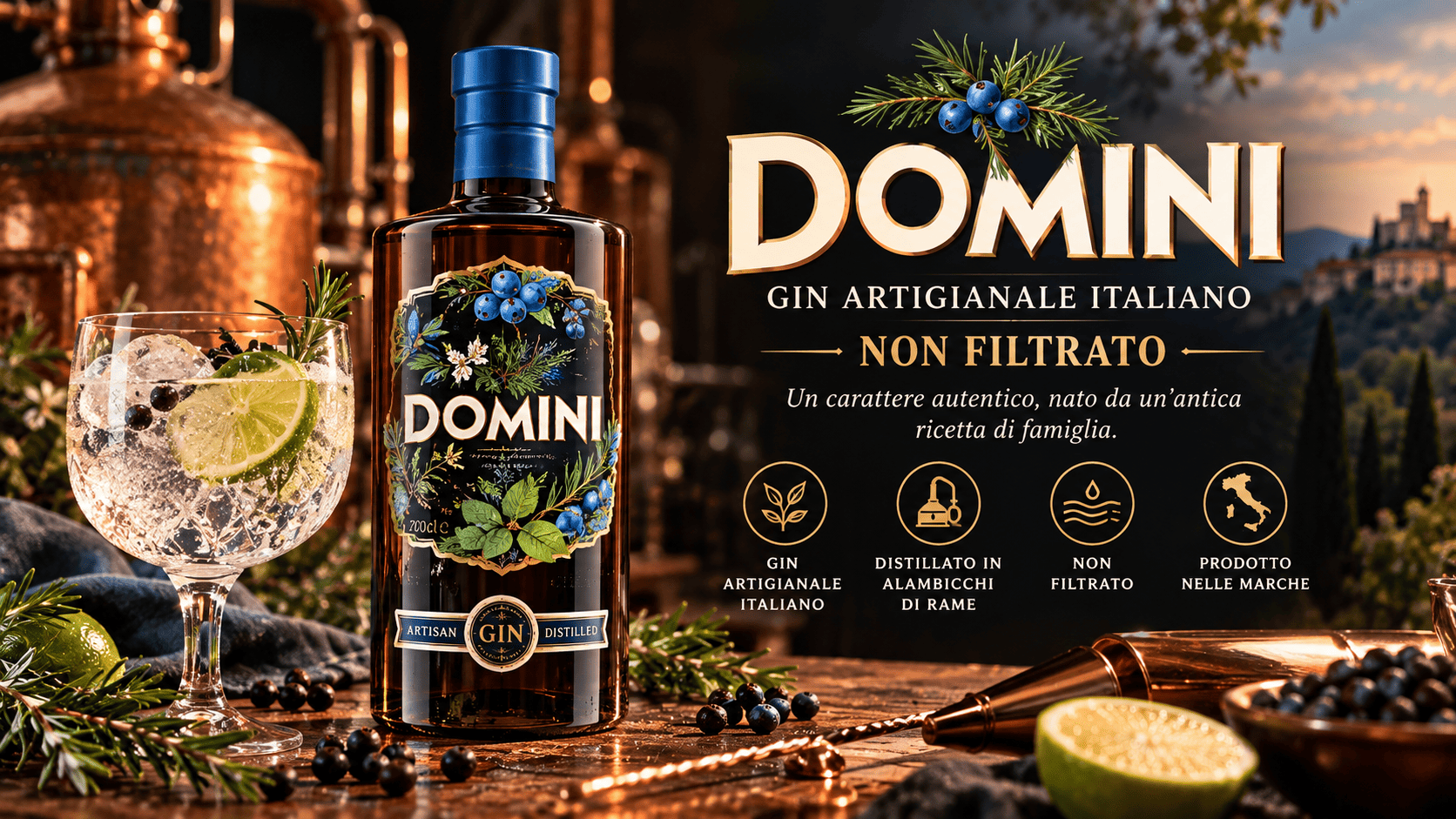 DOMINI Gin artigianale italiano non filtrato 45,2% vol, prodotto nelle Marche